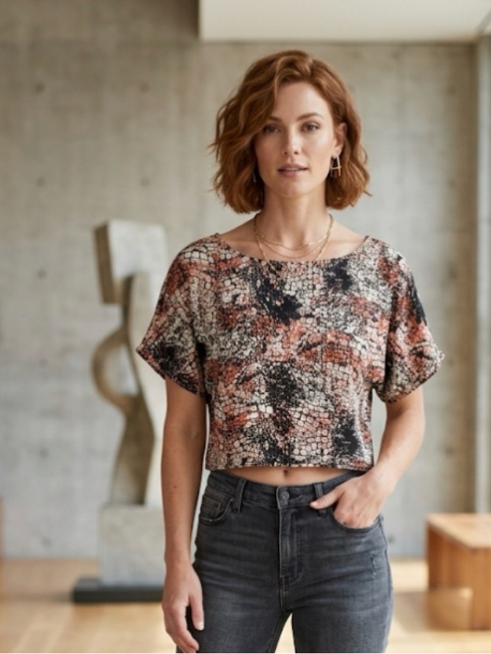 Poetry Printed Short Sleeve Crop Top in Black and Rust
